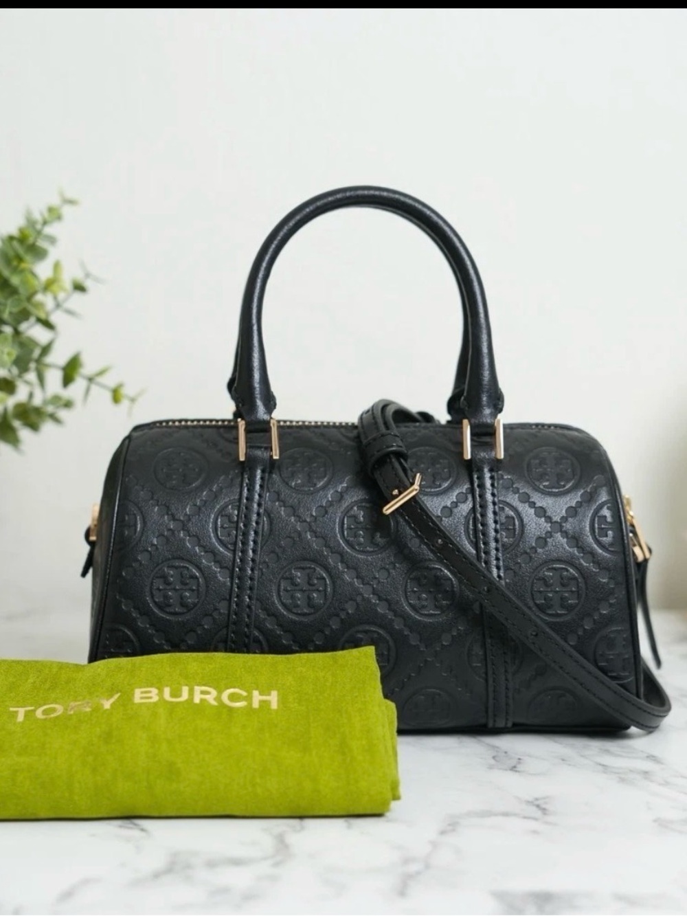 Tory Burch Black monogram Embossed Barrel Crossbody new with tag retail boutique